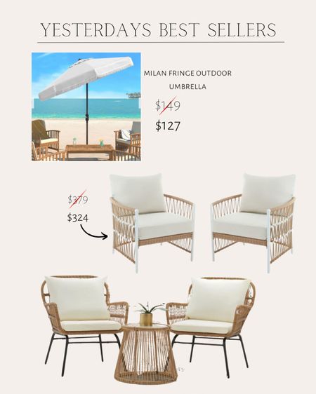 Yesterdays best sellers 
Milan fringe outdoor umbrella / outdoor wicker lounge chair / 3 piece outdoor set 

#LTKHome #LTKSaleAlert