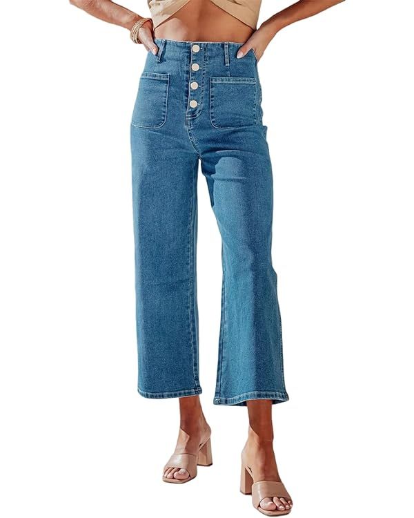 Sidefeel Women's Wide Leg Jeans High Waisted Stretchy Straight Leg Jeans Buttoned Loose Denim Pan... | Amazon (US)