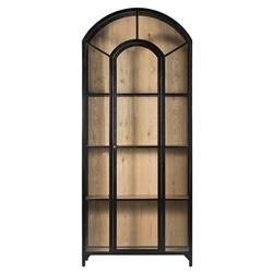 Stancil Industrial Brown Oak Wood Black Iron Clear Glass Door Arch Display Case | Kathy Kuo Home