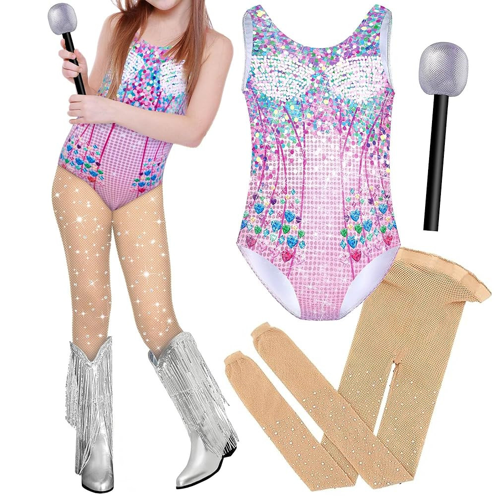 Kids Halloween Costume – Girls Bodysuit Outfit with Toy Microphone & Stockings, Concert Tour Co... | Amazon (US)