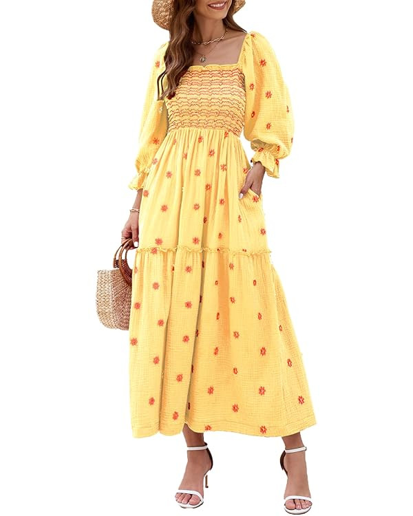 Women Floral Embroidered Maxi Dress Long Puff Sleeve Square Neck Bohemian Flowy Dress with Pocket... | Amazon (US)