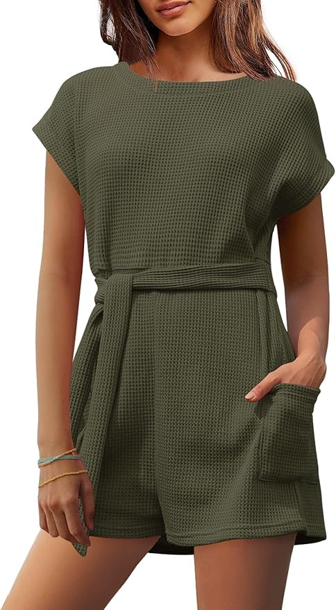 Panadila Womens Summer Casual Rompers Oversized Waffle Knit Loose Jumpsuit Tie Waist One Piece Ou... | Amazon (US)