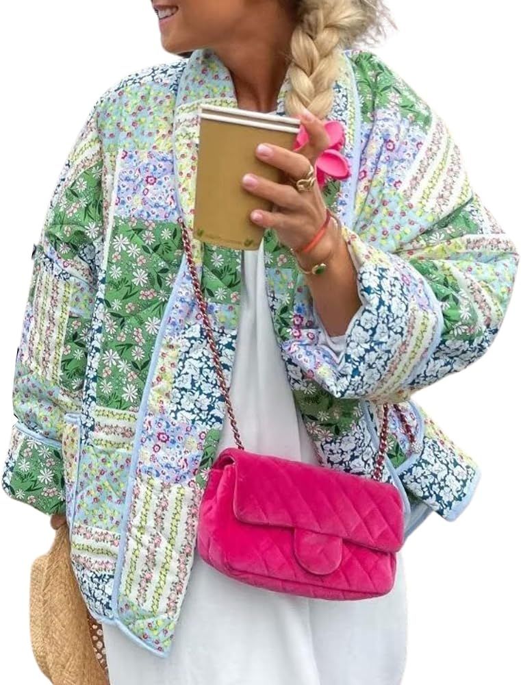 Womens Cropped Quilted Lightweight Jackets Floral Printed Open Front Puffer Coat Cardigan | Amazon (US)