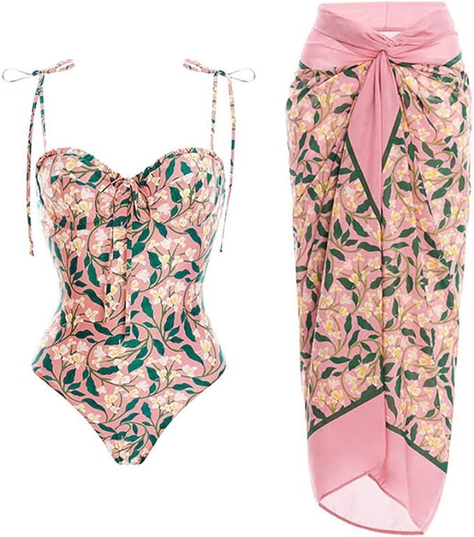 Women's Swimsuit Bodysuit Sleeveless Floral Print Bikini One Piece Swimsuit and Sarong Wrap Skirt... | Amazon (US)