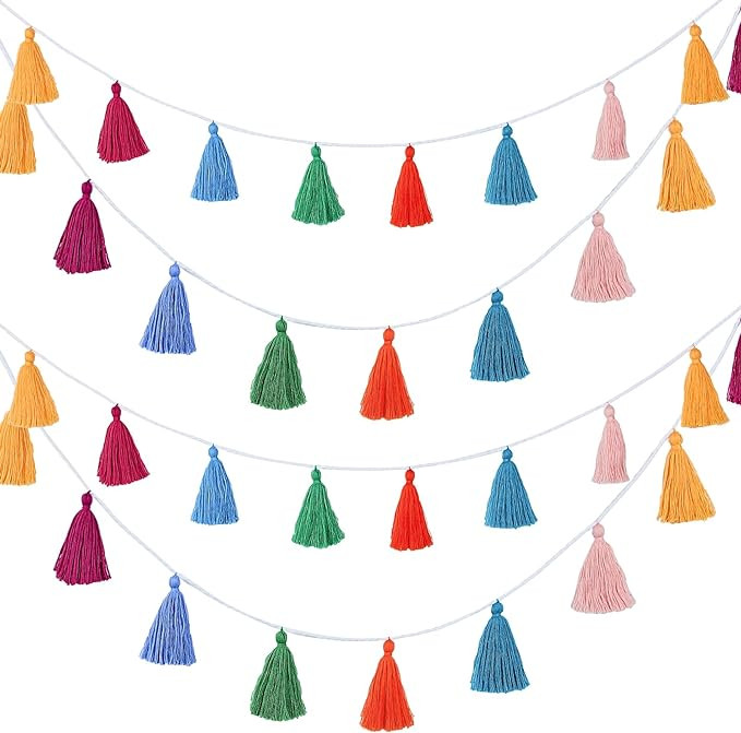 4 Pcs Rainbow Tassel Garland Party Decor, Colorful Boho Wall Hanging Banner for Birthday Birthday... | Amazon (US)