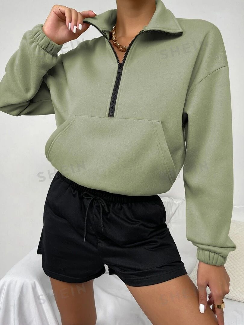SHEIN EZwear Kangaroo Pocket Drop Shoulder Half Zip Up Thermal Pullover | SHEIN