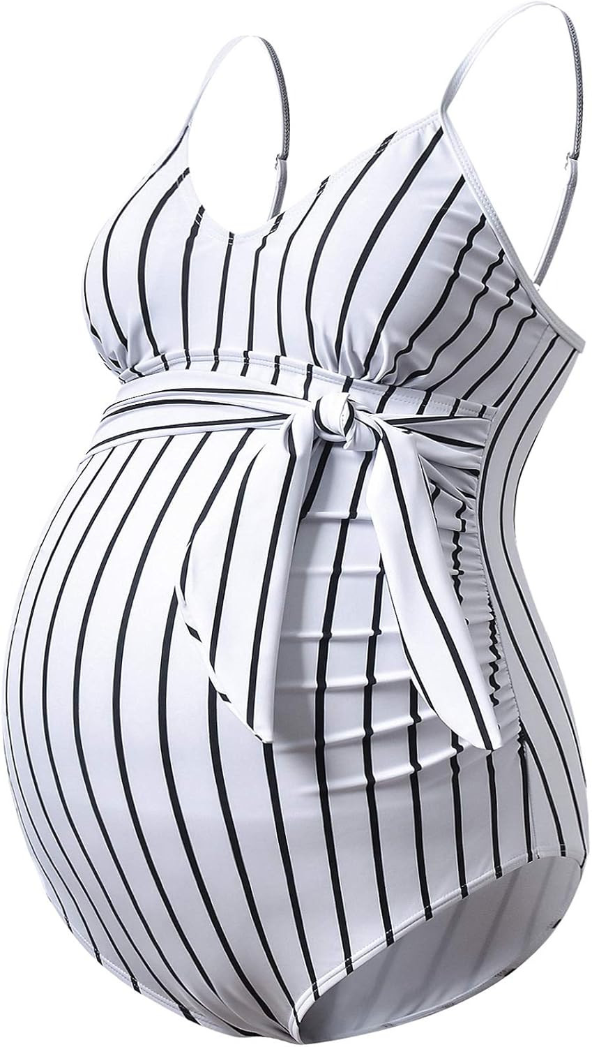 GINKANA Maternity Swimsuit V-Neck One Piece Maternity Monokini Tie Front Bathing Suit Pregnany Swimw | Amazon (US)