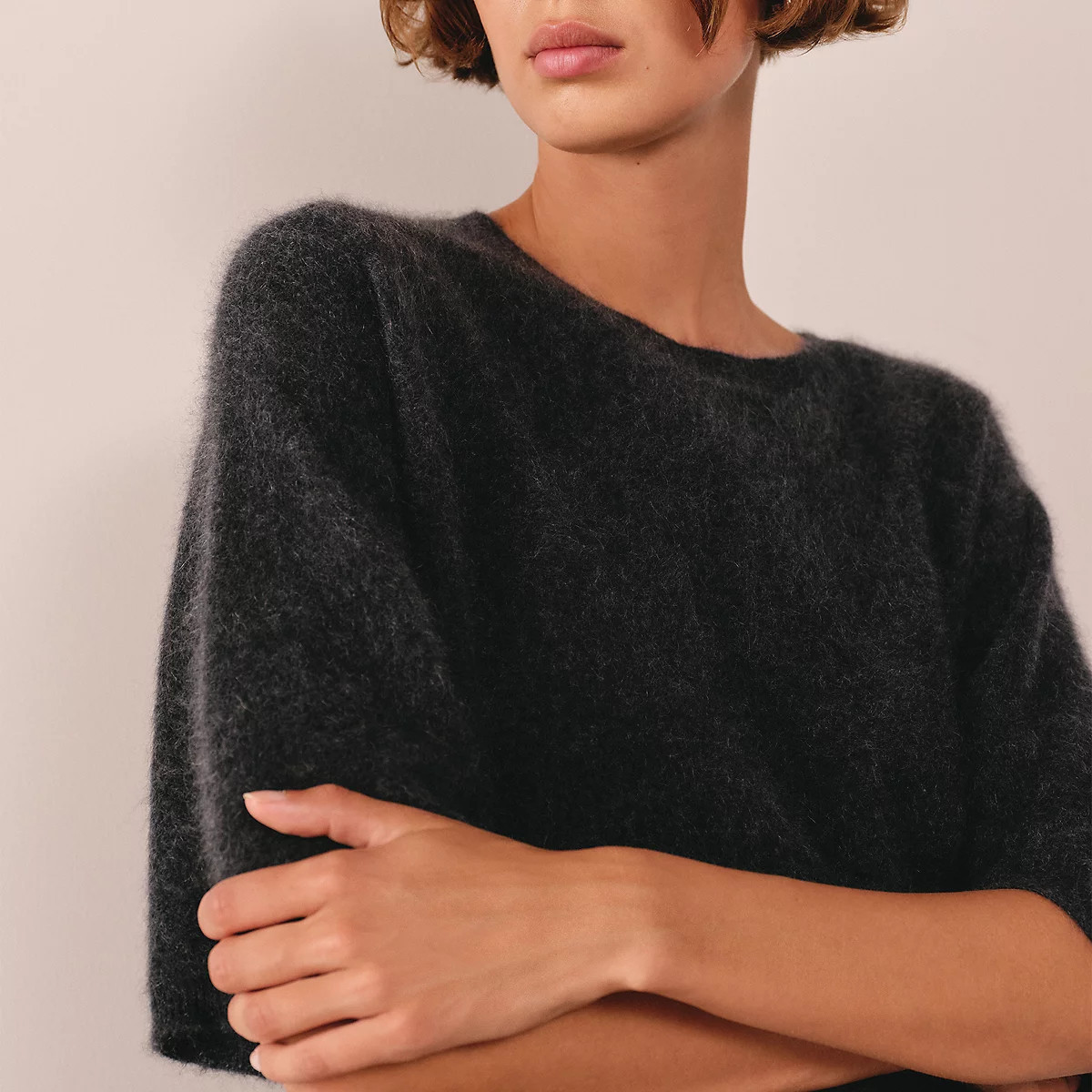 The White Company Brushed Cashmere Oversized Knitted T-shirt, Dark Charcoal Marl, Size: XS | The White Company UK & ROW