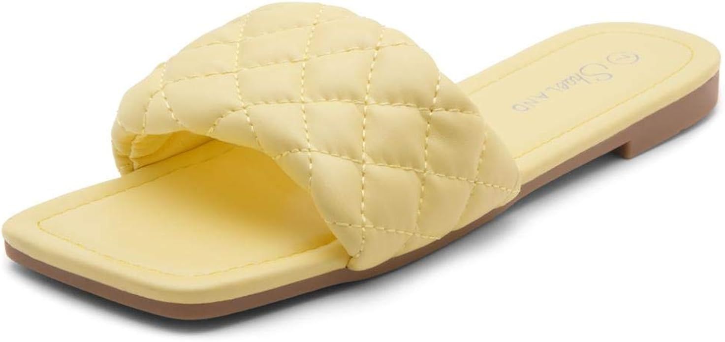Shoe Land Anisha Women's Square Open Toe Slides Cute Quilted Single Band Slip on Flat Sandals | Amazon (US)