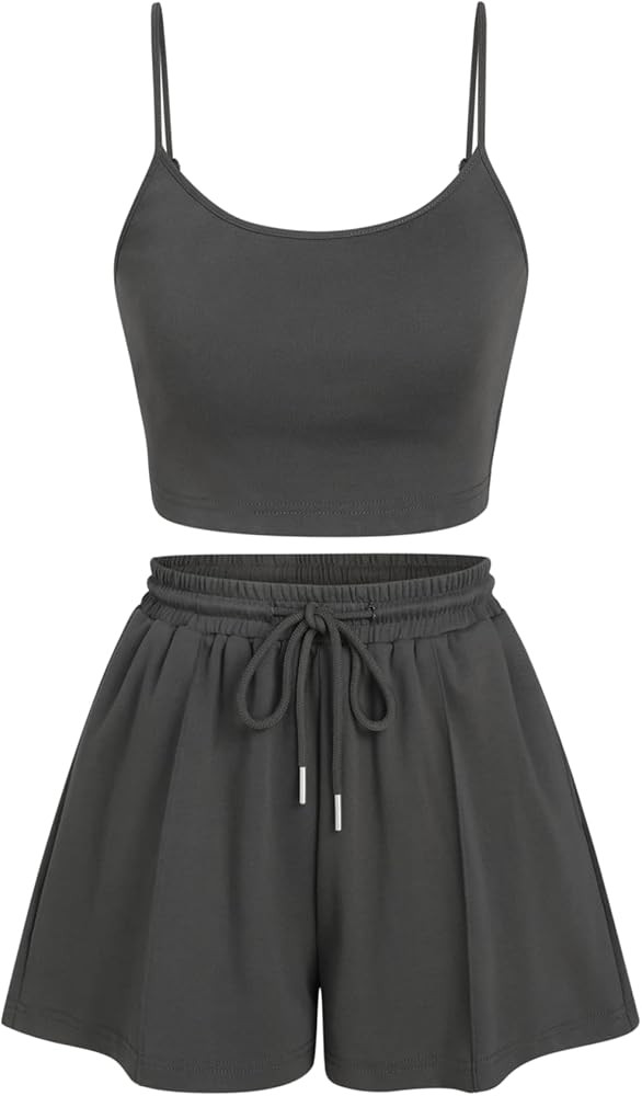 CIDER U-neckline Crop Cami Top & Drawstring Wide Leg Shorts Set | Amazon (US)