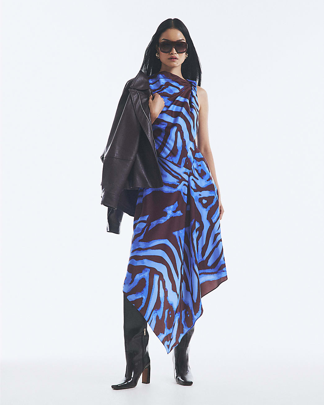 Blue Satin Zebra Print Midi Dress | River Island UK & IE