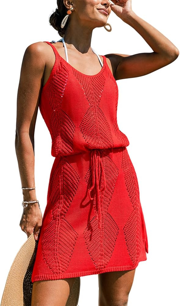 CUPSHE Women's Swimsuit Cover Up Crochet Sleeveless V Back Mini Beach Cover Up Dress for Swimwear | Amazon (US)