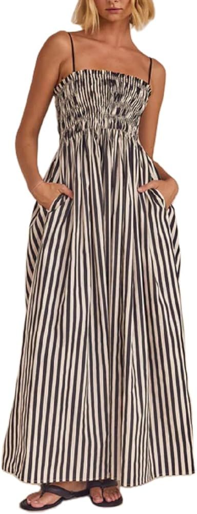 NUFIWI Women Summer Striped Maxi Dress Spaghetti Strap Cutout Ruffle Long Dress Flowy Swing Beach... | Amazon (US)
