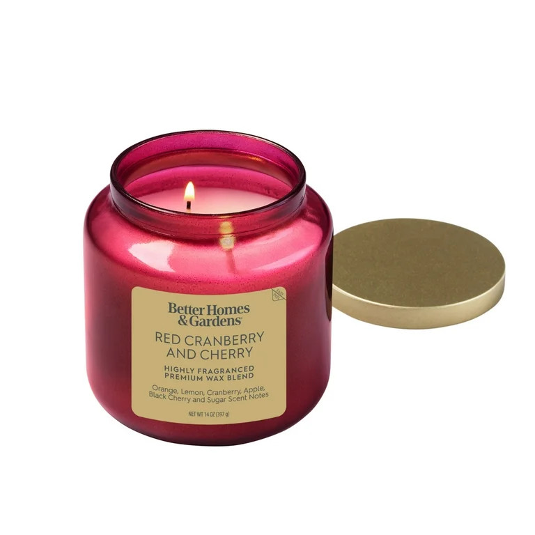 Better Homes & Gardens 2-Wick Red Glass Jar Candle with Gold Lid, Red Cranberry & Cherry, 14oz. | Walmart (US)