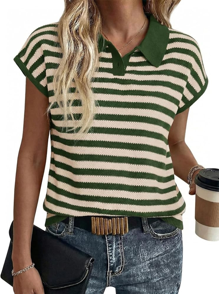 Saodimallsu Womens Striped Polo Sweater Cap Sleeve Summer Top Button V Neck Collared Knit Pullove... | Amazon (US)
