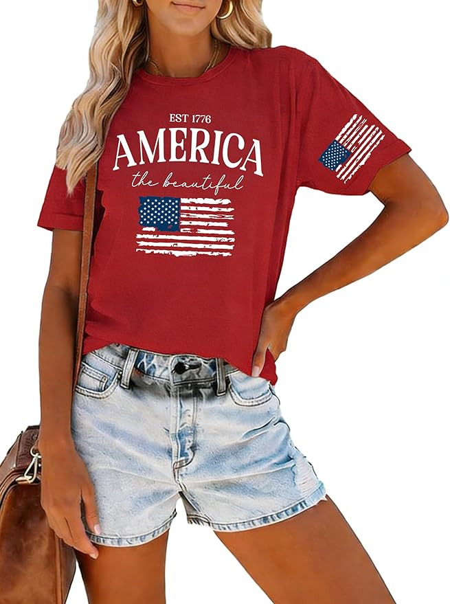 Women's 4th of July Shirt Patriotic American Flag T-Shirt Cute Independence Day Star Stripes Tee ... | Amazon (US)