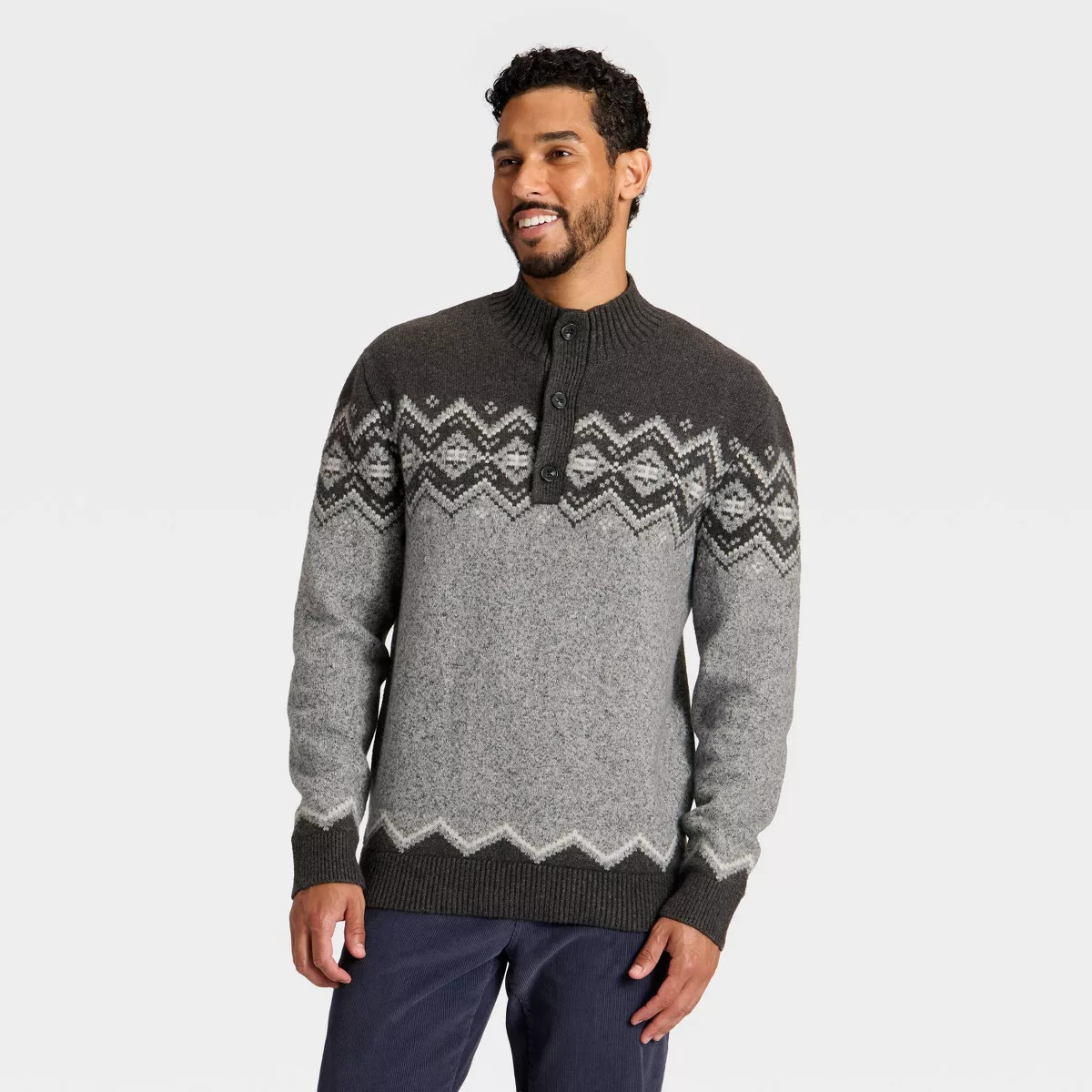 Men's Fair Isle Mock Neck Button Sweater - Goodfellow & Co™ Gray | Target