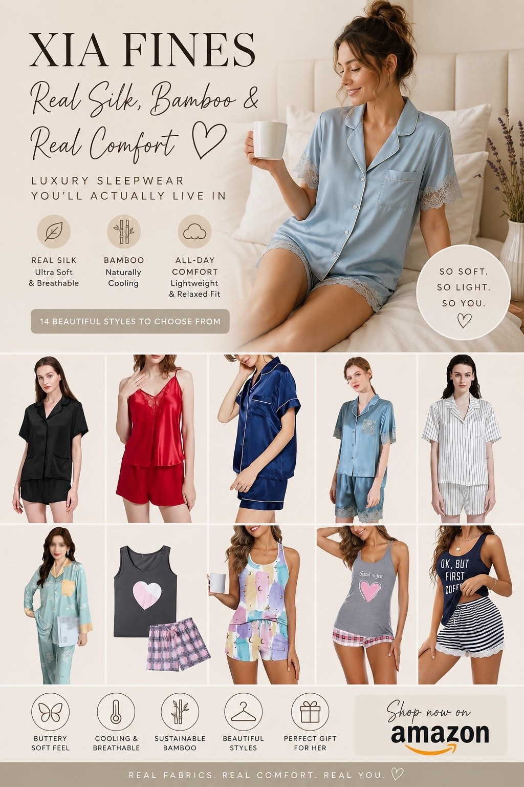 If you know me, you know I take my pajamas VERY seriously 😂☁️ And these Xia Fines sets from Amazon? Next level soft. From real silk to cooling bamboo fabrics, these are the kind of pajamas you put on and suddenly never want to wear real clothes again.

Luxury feel, breathable comfort, lightweight, buttery soft, and honestly perfect for slow mornings, cozy nights, coffee on the couch, or those “I’m staying in and protecting my peace” kinda days 🤍

I rounded up all my favorite styles because I couldn’t pick just one 👏🏼 Which set are you grabbing first?

Shop them all on my LTK ✨ 

#silkpjs #coolingpajamas #pajamastyle #cozyvibes #bamboopjs

#LTKSaleAlert #LTKselfcare #LTKWedding