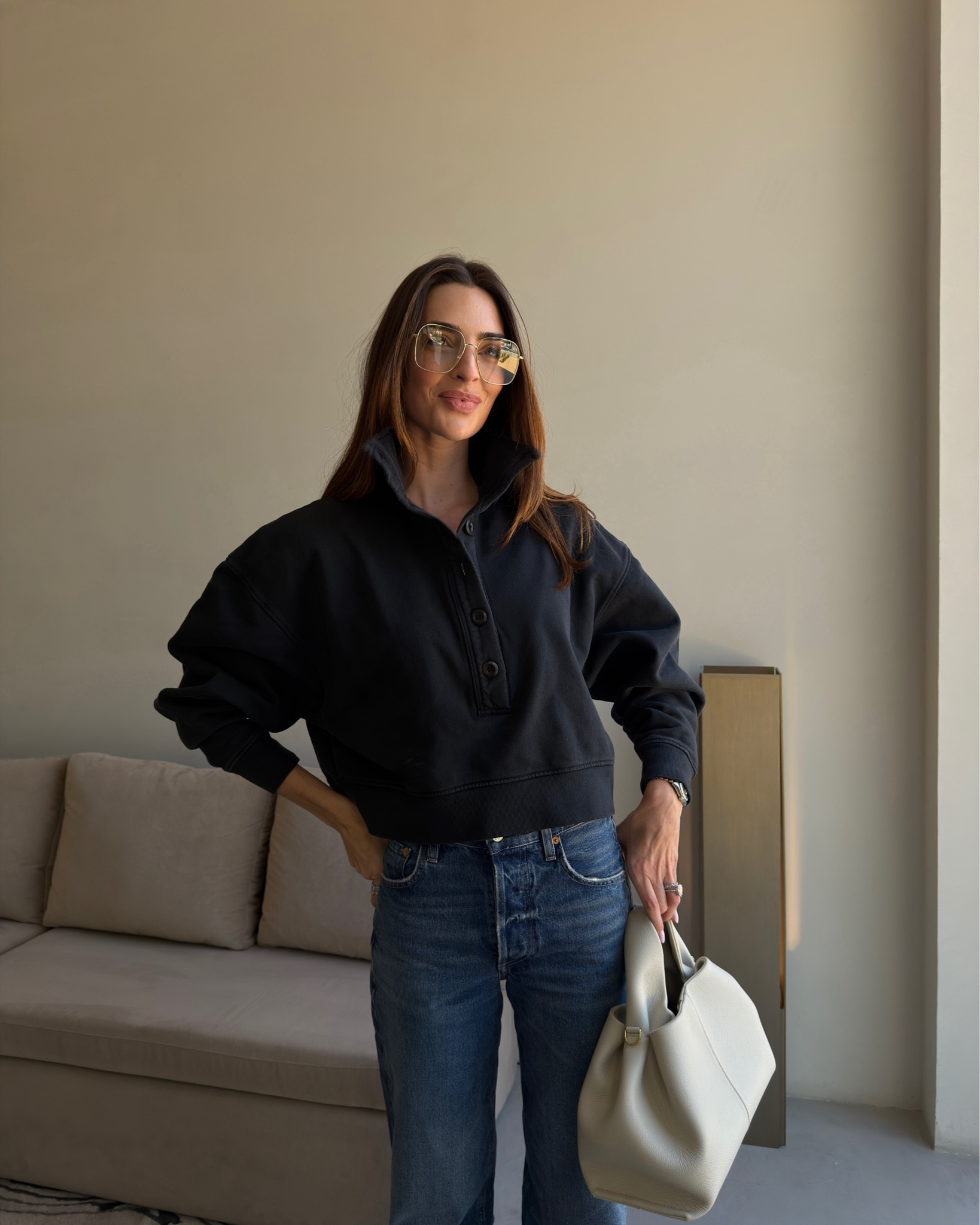 Citizens of humanity funnel neck cropped jumper, citizens of humanity Ayla baggy jeans in colour Claremont, Chloe square frame glasses 

#LTKootd