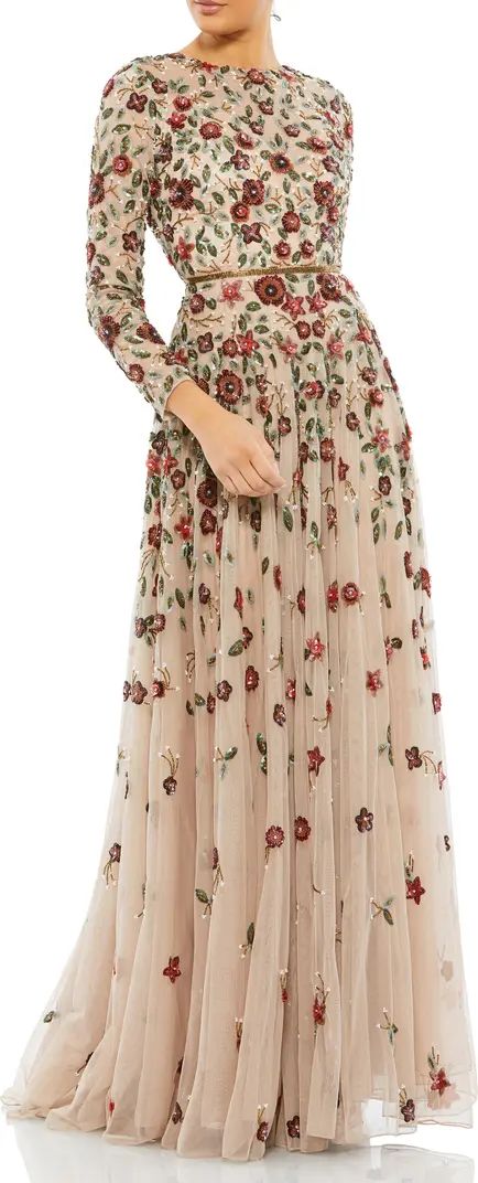 Mac Duggal Floral Sequin Long Sleeve A-Line Gown | Nordstrom | Nordstrom