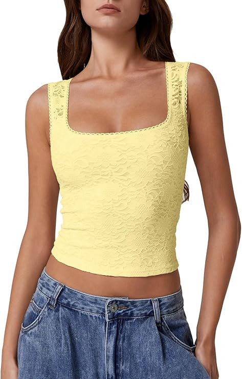 QINSEN Women's Lace Trim Square Neck Sleeveless Double-Layer Tank Top | Amazon (US)