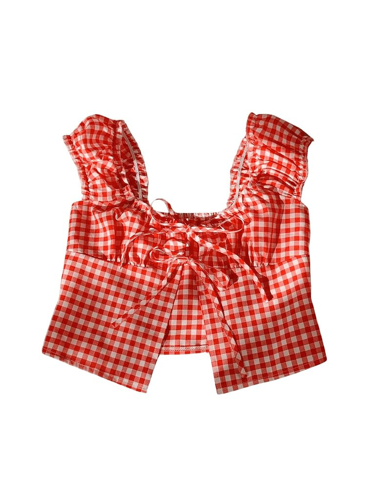 MakeMeChic Women's Gingham Crop Tank Top Cap Sleeve Sexy Cute Crop Top | Amazon (US)
