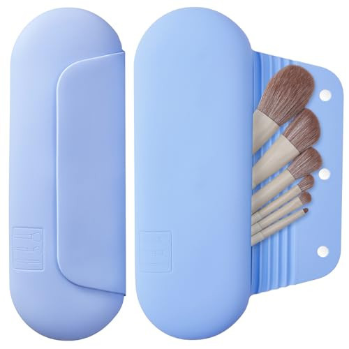 AGIKET Silicone Makeup Brush Holder Travel Cosmetic Bag：Soft Portable Cosmetic Face Brushes Holder with Upgrade Anti-Fall Out Magnetic Closure, Large Travel Makeup Brush Case - Blue | Amazon (US)