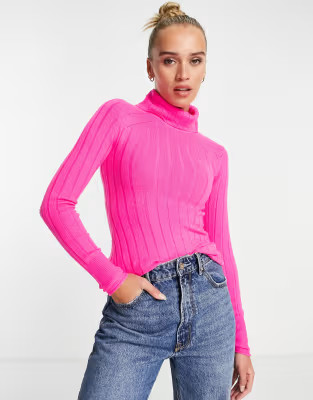 River Island wide rib roll neck jumper in pink | ASOS (Global)