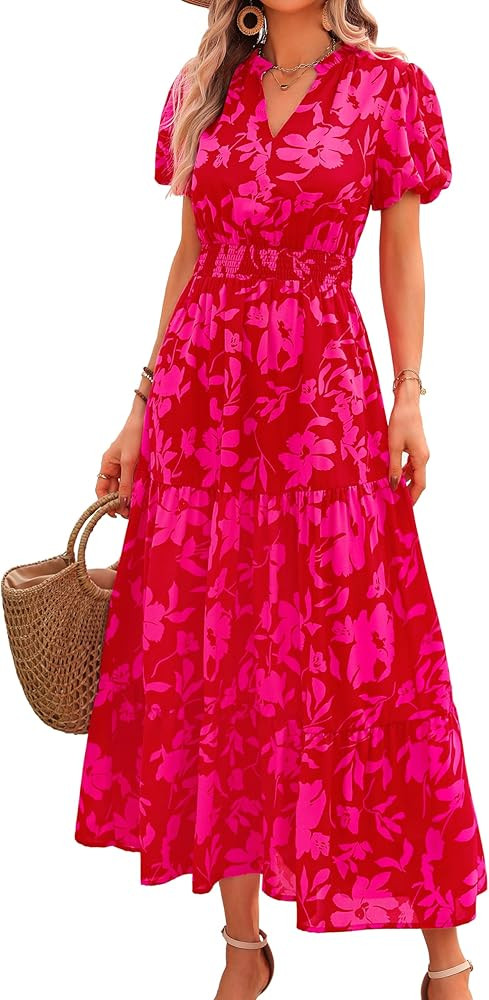 MASCOMODA Summer Maxi Dress for Women 2024 Casual V Neck Puff Short Sleeve Smocked Ruffle Flowy B... | Amazon (US)