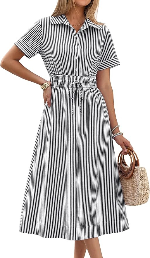 ANRABESS Womens Summer Midi Dress Short Sleeve Striped Plaid Button Collar Shirt Dresses 2026 Cas... | Amazon (US)