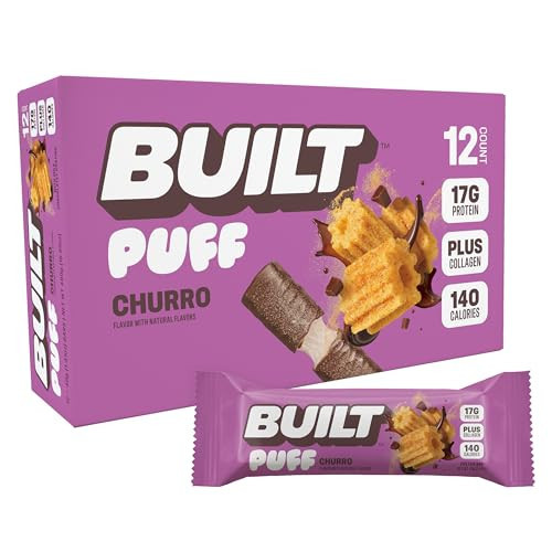 Built Bar, Puff Protein Bars, Churro Puff, 17g Protein Snacks, On-The-Go Bars, Only 140 Calories & 7g Sugar, Collagen, Gluten Free, 12 Count | Amazon (US)