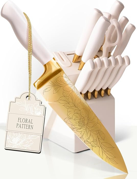 STYLED SETTINGS Knife Set with Built-in Sharpener – 14 PC Golden Titanium-Coated Stainless Stee... | Amazon (US)