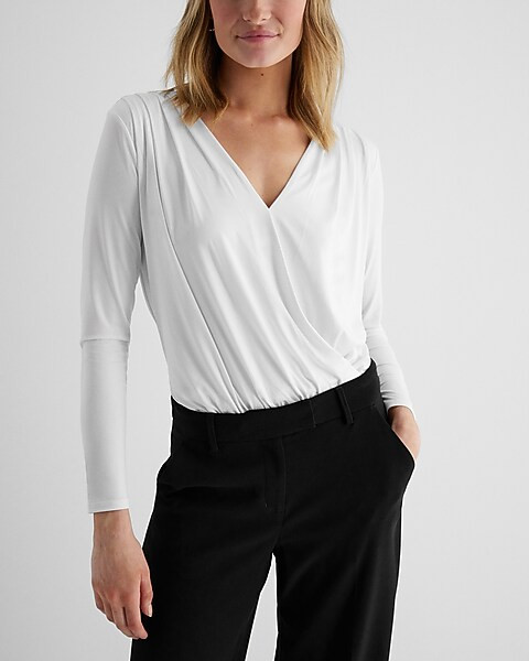 V-Neck Long Sleeve Faux Wrap Bodysuit | Express