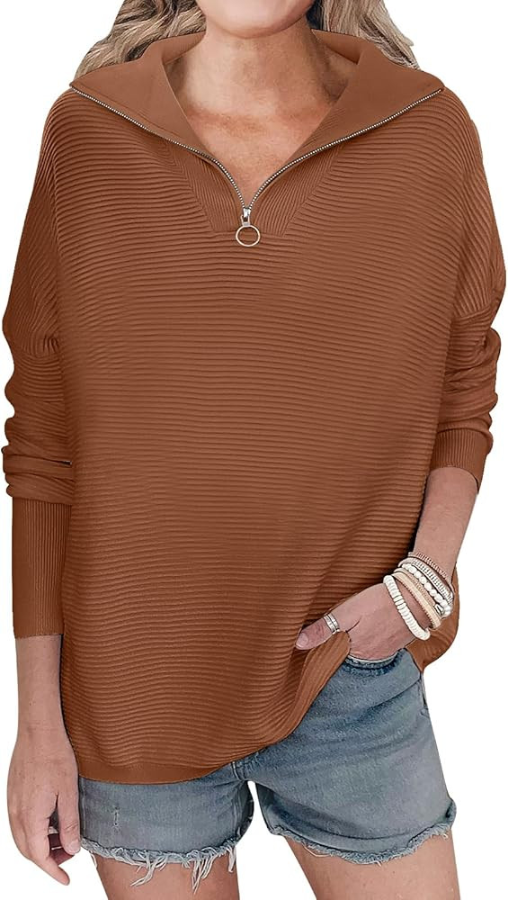 ANRABESS Women's Oversized Sweater Quarter Zip V Neck Collared Ribbed Knit Pullover Tunic 2023 Y2... | Amazon (US)