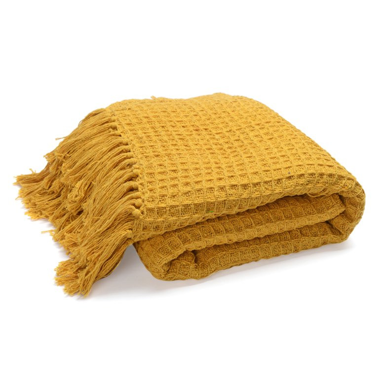 Shop LC Mustard Honeycomb Pattern Throw Blanket with Tassels 100% Cotton Machine Wash | Walmart (US)