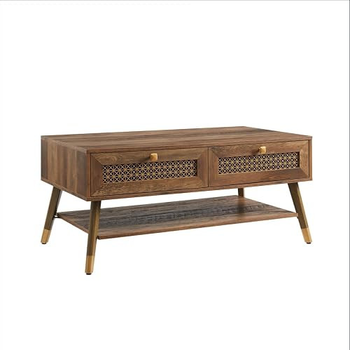 JYED Rectangle Mid Century Modern Coffee Table, Wood Coffee Table with Storage Drawers and Open Shelf, Rustic Oak Coffee Table for Living Room | Amazon (US)