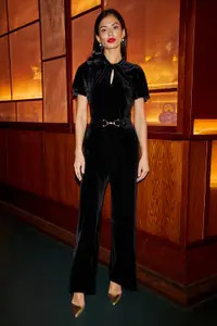 Jumpsuits | Black Velvet Jumpsuit With Twist Neckline And Buckle Belt | Yumi | Debenhams UK