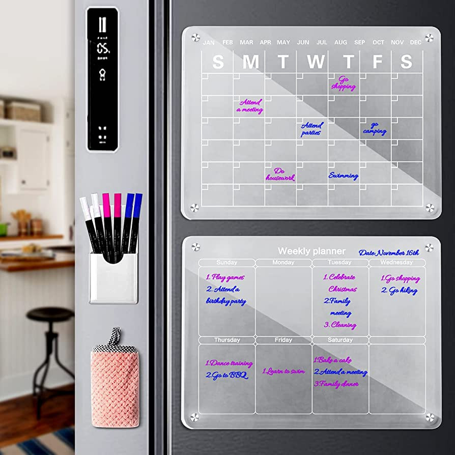 Magnetic Acrylic Calendar for Fridge, 2 Pcs Clear Dry Erase Board of Monthly & Weekly Calendar fo... | Amazon (US)