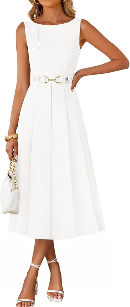 ZESICA Women Summer Sleeveless Midi Dresses 2026 Elegant Boat Neck A Line Tie Waist Spring Cockta... | Amazon (US)