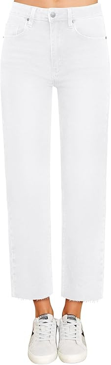 KDF Women's Cropped Straight Leg Jeans - High Waisted Jeans for Women 7/8 Length Denim Pants with... | Amazon (US)