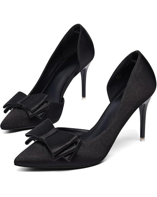 Womens Bow Heels Closed Pointed Toe Dress Shoes Stiletto Slip on Wedding Pumps | Amazon (US)