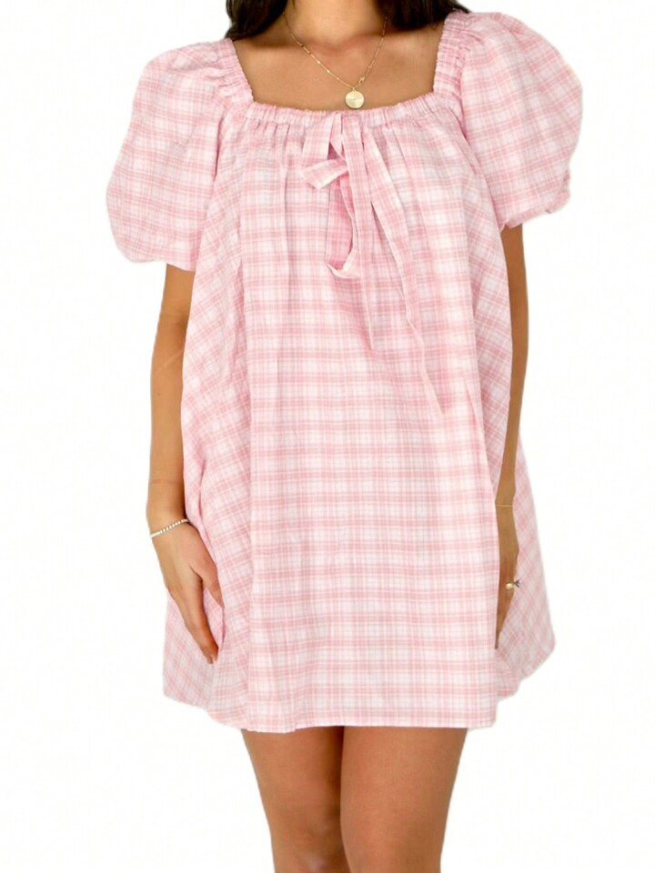 Women Plaid Mini Dress Loose Tie-Up Square Neck Puff Sleeve Casual Dress For Daily Travel | SHEIN