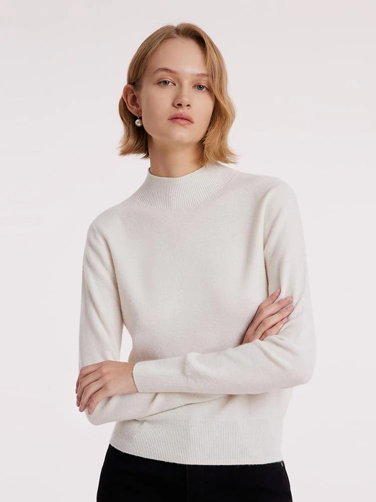 White Wool Sequins Seamless Mock Neck Women Sweater | GOELIA