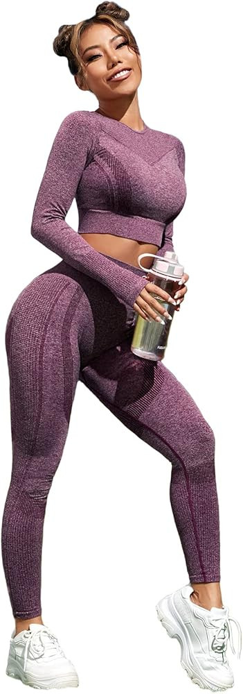 Milumia Women's 2 Piece High Waist Workout Sets Long Sleeve Breathable Yoga Legging Set | Amazon (US)