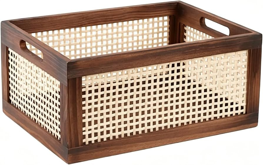 Wooden Rattan Storage Basket, Rectangular Woven Organizer Bin, Decorative Farmhouse Style, With H... | Amazon (US)
