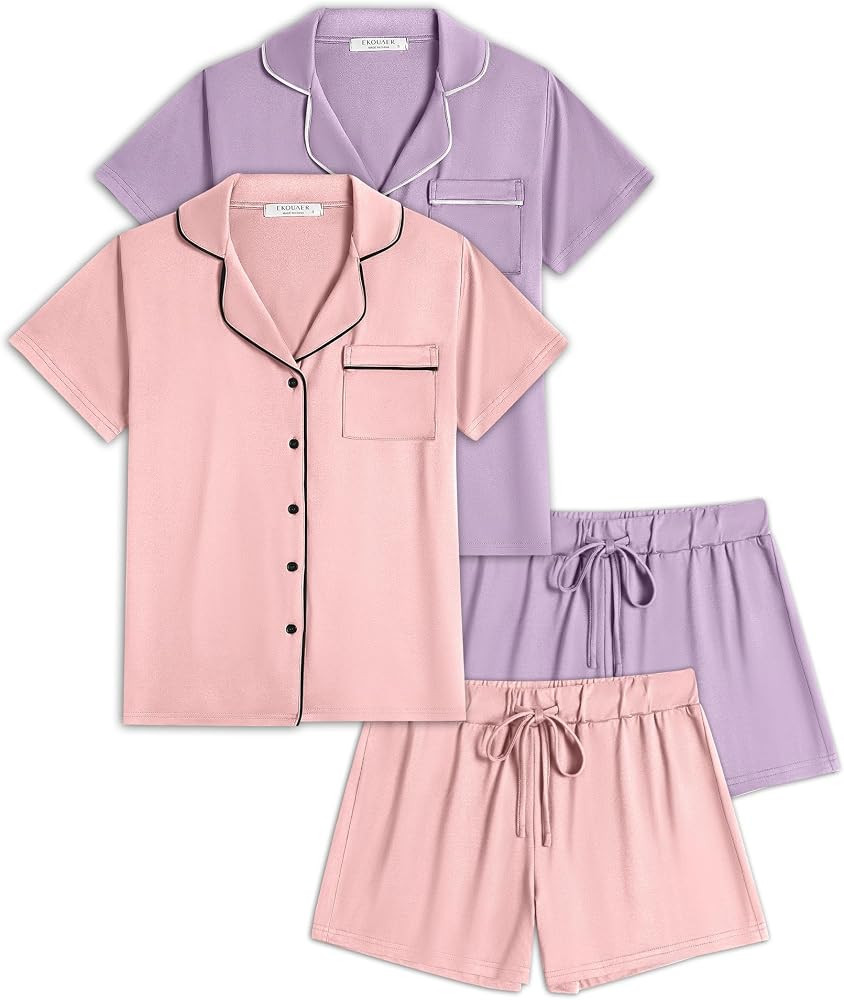 Ekouaer 2 Pack Womens Pajamas Set Button Down Summer Sleepwear Short Sleeve Comfy Pjs Loungewear ... | Amazon (US)