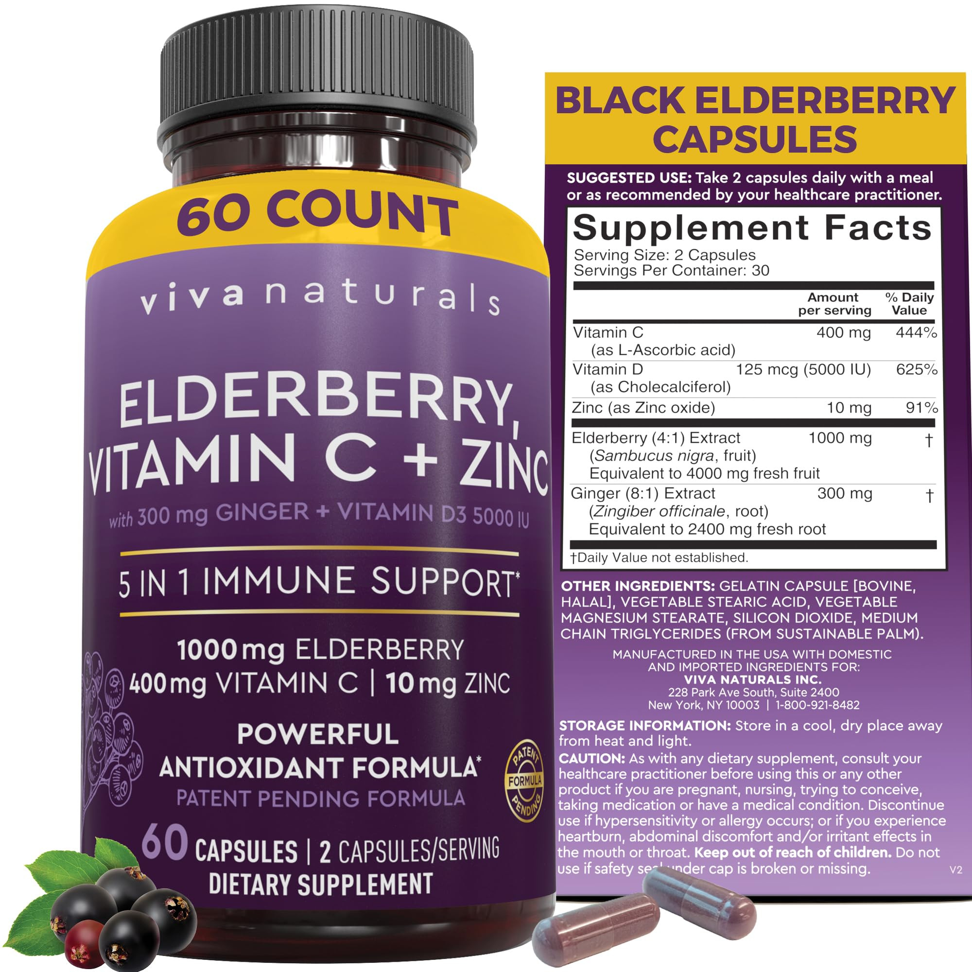 Viva Naturals Sambucus Elderberry with Zinc and Vitamin C for Adults, Vitamin D 5000 IU and Ginger - Immune Support Supplement, 60 Count - Black Dried Elderberry Capsules for Adults | Amazon (US)