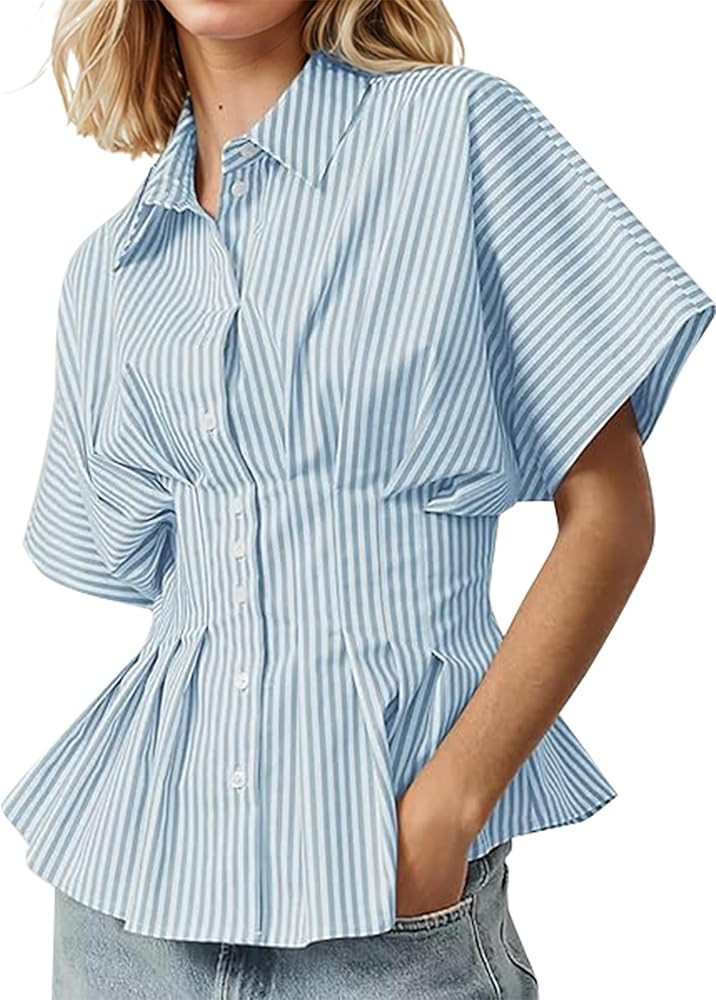 Womens Striped Shirts Button Down Short Sleeve Pleated Peplum Blouses Dressy Casual Lapel Tops Su... | Amazon (US)