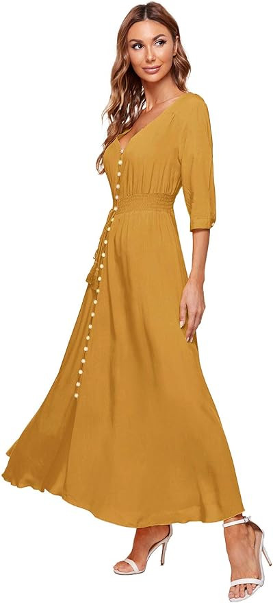 Milumia Women's Button Up V Neck Half Sleeve Split Flowy Plain Party Maxi Dress | Amazon (US)