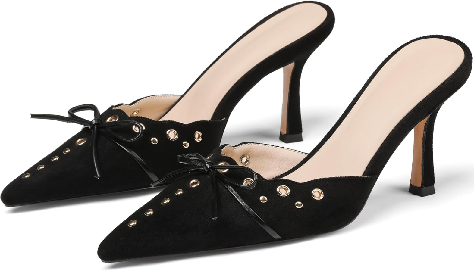 Mules for Women Black Kitten Heels Suede Closed Pointed Toe Kitten Pumps Slip On Bow Shoes Dress ... | Amazon (US)